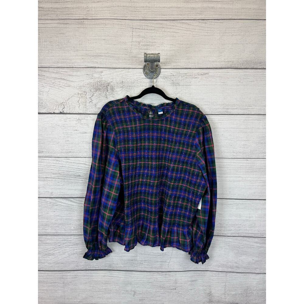 Old Navy Plus Size Green Blue Plaid Smocked Puff Sleeve Blouse Size 3X